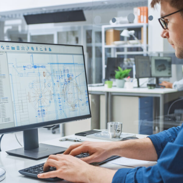 Over the Shoulder Shot of Engineer Working with CAD Software on Desktop Computer, Screen Shows Technical Drafts and Drawings. In the Background Engineering Facility Specialising on Industrial Design
