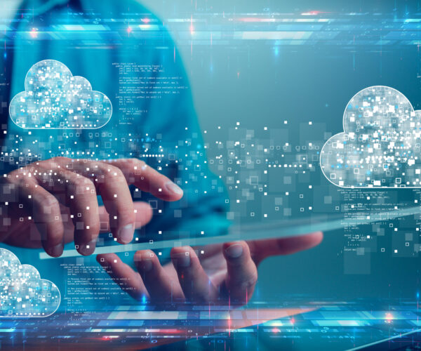 Businessman with cloud computing diagram show on virtual screen. Cloud technology. Data storage, data transfer, Networking and internet service concept, technology internet storage network.